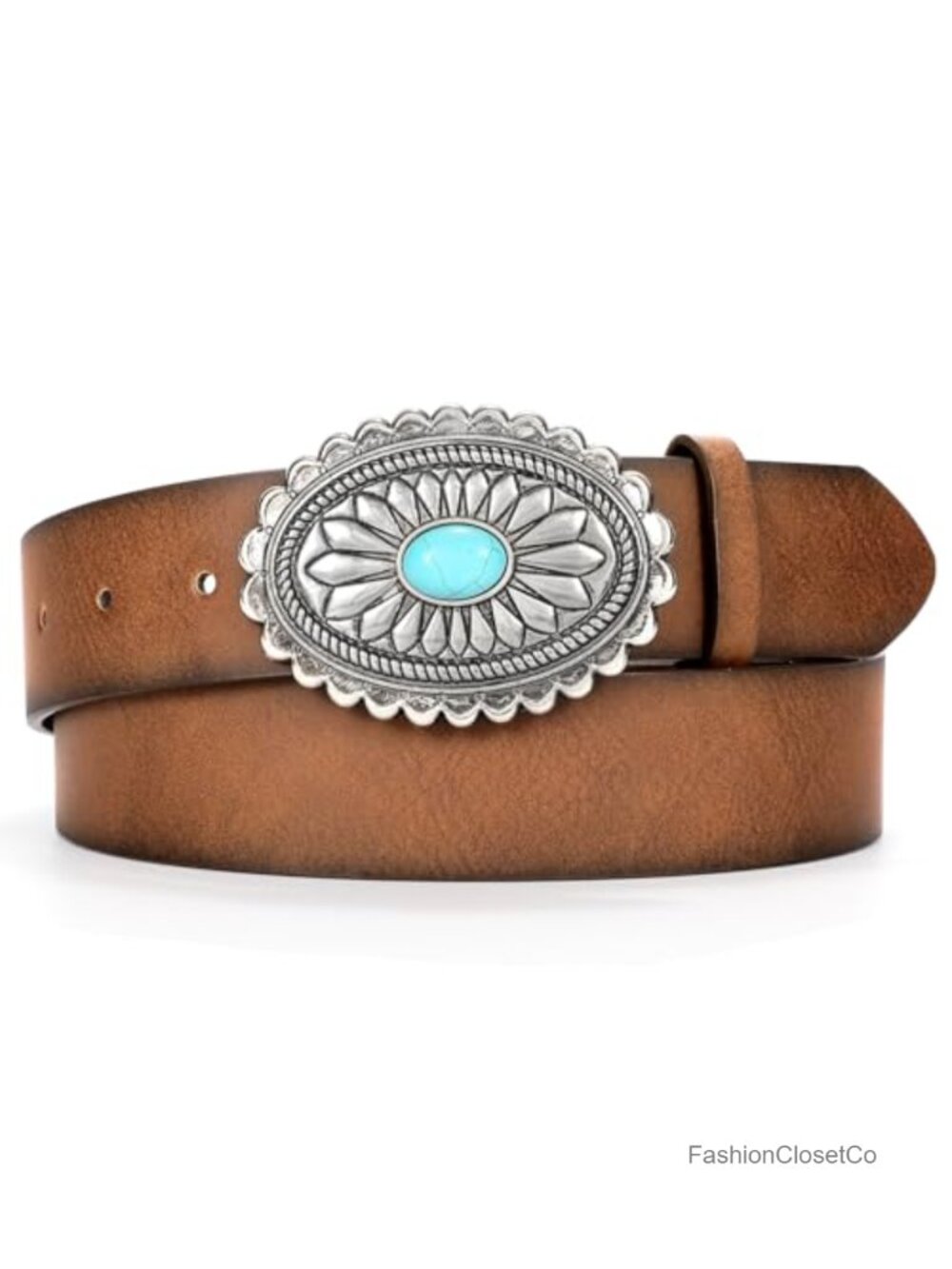 Vintage Western Leather Belt with Turquoise Concho Buckle for Cowgirl